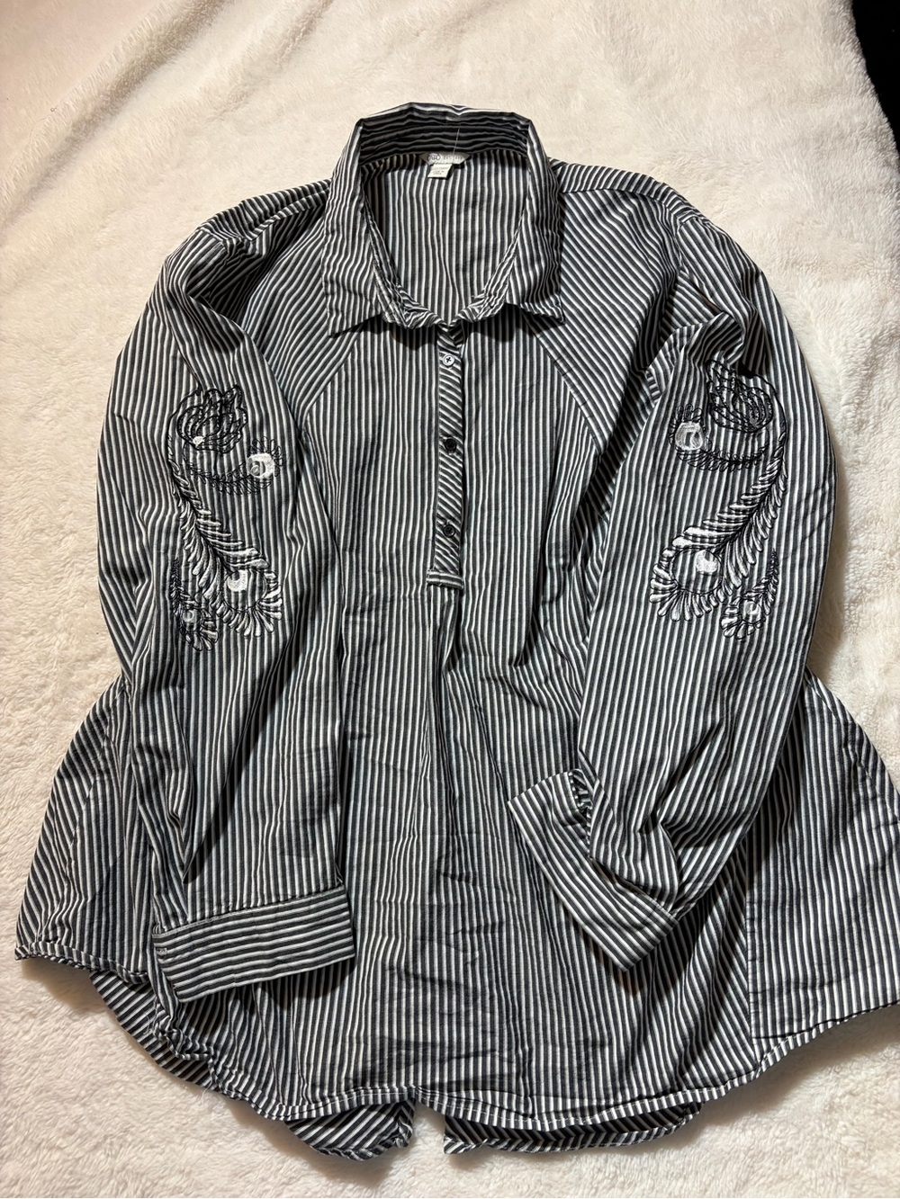 Cato Black and White Striped Embroidered Button-Down Shirt